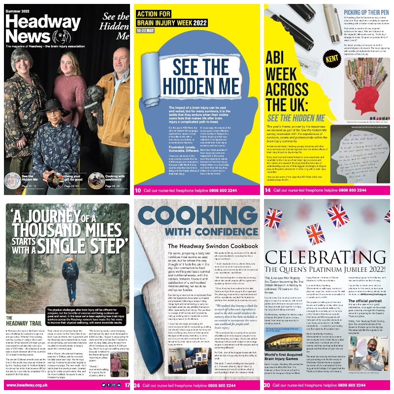 Collage of pages from Headway News summer 2022: See the Hidden Me features on the cover and throughout the magazine, 'A journey of a thousand miles starts with a single step", cooking with confidence, celebrating the Queen's platinum jubilee