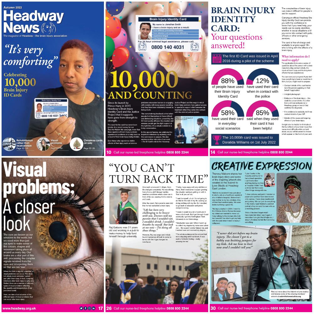 Doralida Williams holds her Brain Injury ID Card on the cover of Headway News magazine.