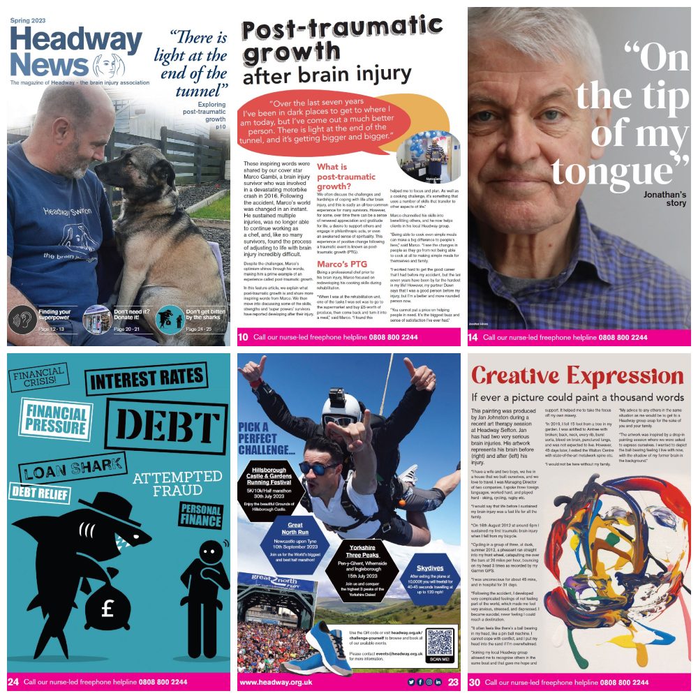 Collage of Headway News spring 2023 pages - the front cover featuring Marco Gambi and his dog, with the quote 'There is light at the end of the tunnel' to illustrate our post-traumatic growth feature.
