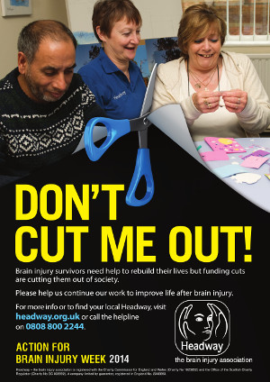 The campaign poster features an image of three people with scissors illustrating cutting one out. The heading 'Don't cut me out!' appears in bold yellow text below.
