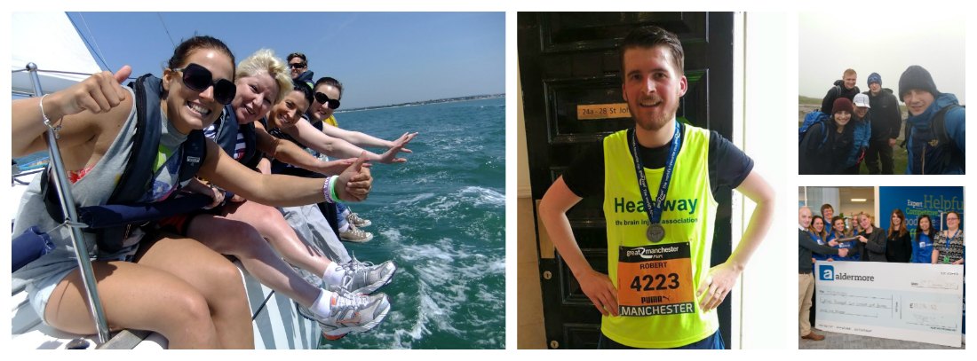 Collage of Headway's corporate partners. L-R: Jefferies Solicitors boat trip, Another runner from St Johns Buildings Chambers, St Johns Buildings Chambers take on the Three Peaks Challenge, Aldermore Bank raised over £19,000 during 2015