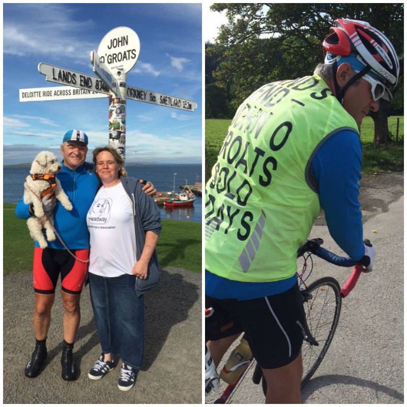 Mike and Sue Smith with their dog, standing in front of the John O'Groats direction sign (left), and Mike wearing a high-vis vest and helmet riding his bike (right)