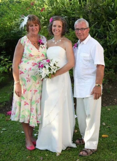 Jules with her mum and dad at her Barbadoes wedding in 2010