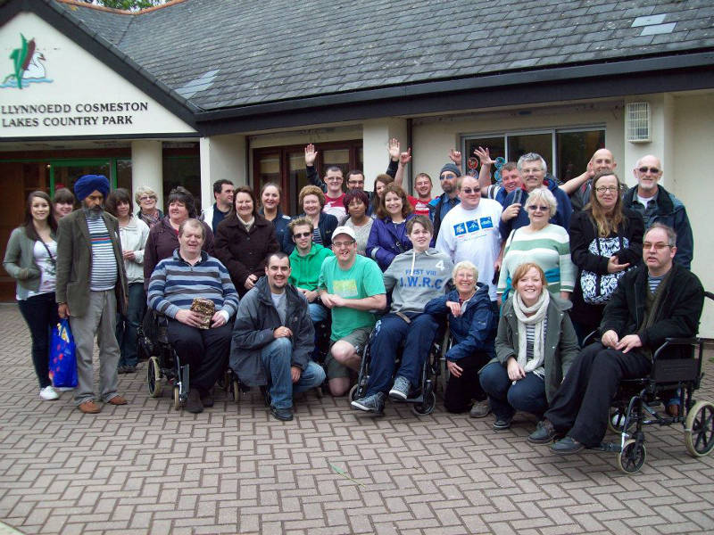 Sally (centre in purple) with her friends at Headway Cardiff