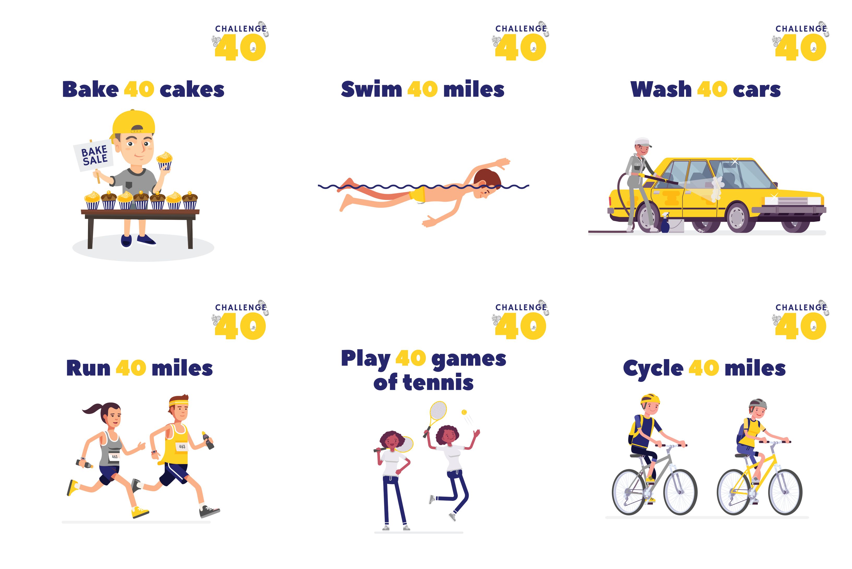 Ideas for Challenge 40 to raise money for Headway: bake 40 cakes, swim 40 miles, wash 40 card, run 40 miles, play 40 games, cycle 40 miles