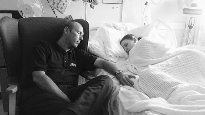 Nap time in the hospital for Amy and her dad