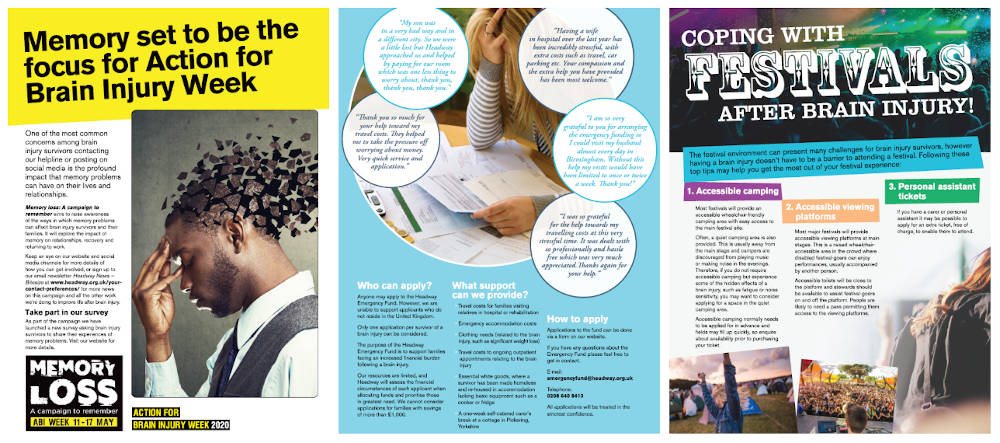 A collage of pages from Headway News spring 2020: 'Memory set to be the focus for Action for Brain Injury Week, a page from our Emergency Fund feature, 'Coping with festivals after brain injury'