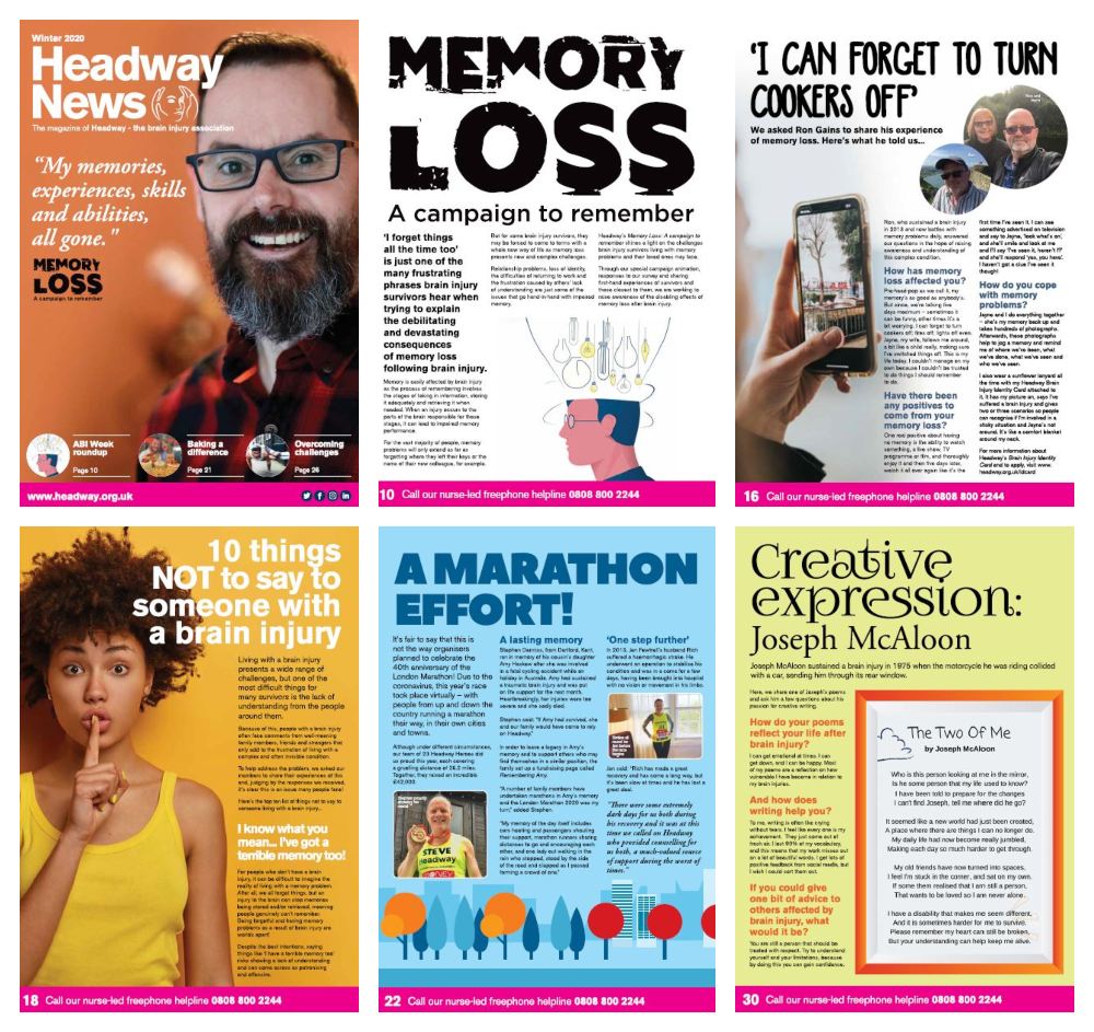 Collage of highlighted pages from Headway News winter 2020. The cover features a picture of brain injury survivor Karl Hargreaves with the quote: 'My memories, experiences, skills and abilities all gone'