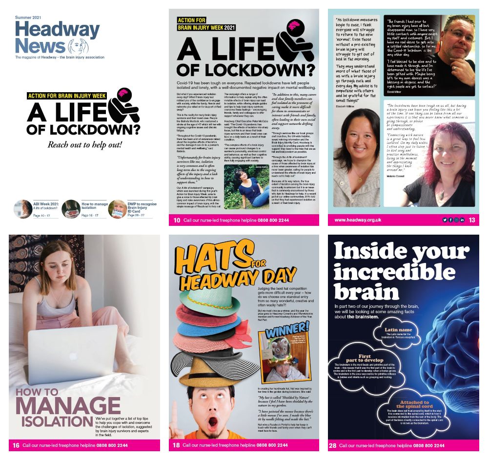 Collage of pages from Headway News summer 2021, including the cover featuring the text 'A life of lockdown? Reach out to help out!'